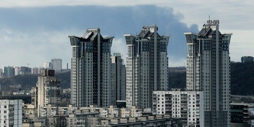 The skyline of Ukraine, three days after the invasion began