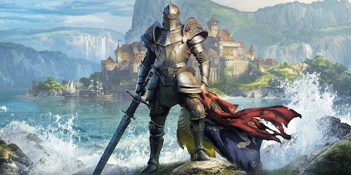 A fantasy knight stands in front of a hilly landscape